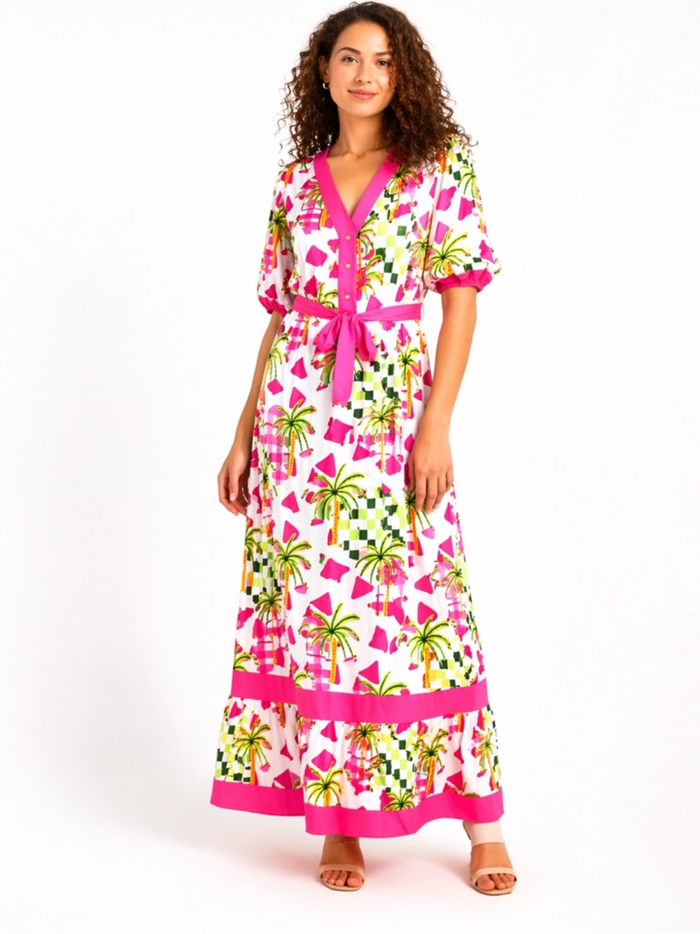 Celina Moon Tropical Palm Maxi Dress Pink Resort Belted NWT Large